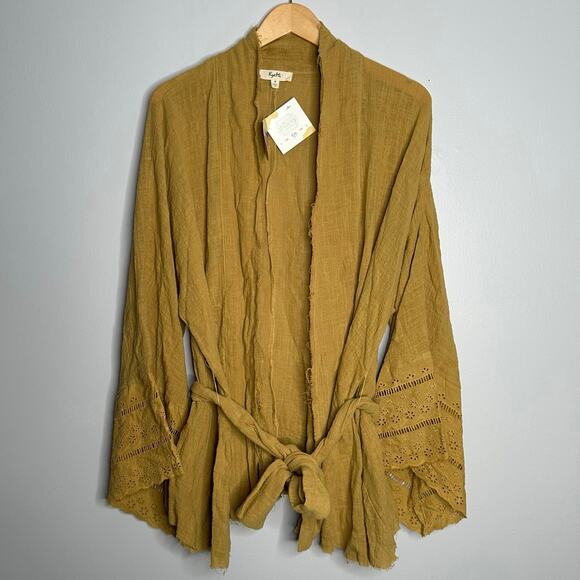 Kye Mi Women’s Mustard Cotton Tie Waist Bell Crochet Sleeved Cover Up Size M NWT - Picture 1 of 8